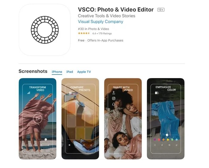 Image of the VSCO photo editing app in the App Store