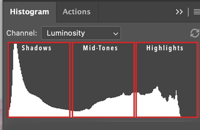 Histogram labels of shadows midtones and highlights