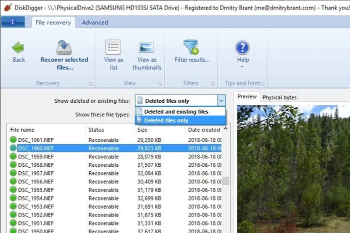 Screenshot of DiskDigger interface, a free photo recovery software