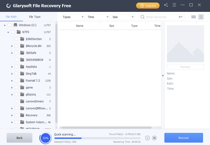 Screenshot of Glarysoft File Recovery Free's software interface