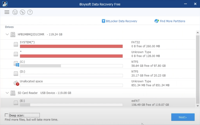 Screenshot of iBoysoft Data Recovery Free interface, a free photo recovery software