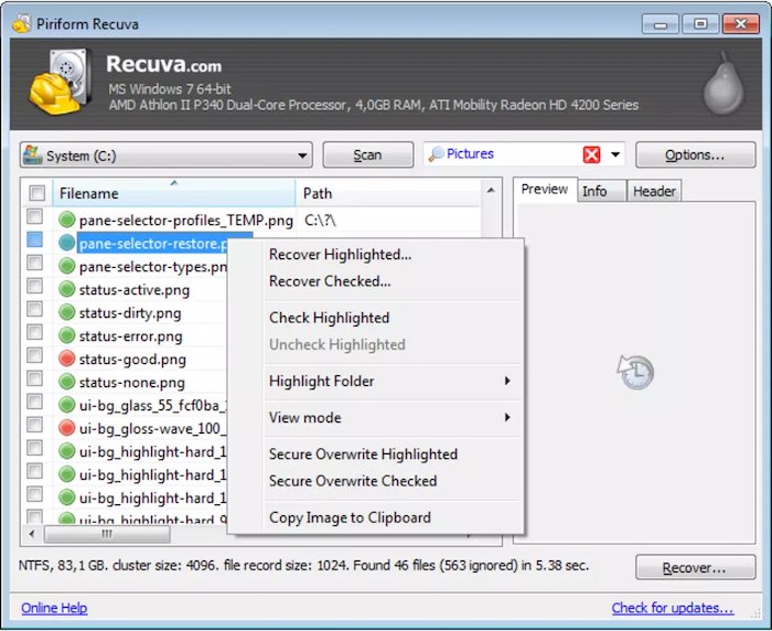 Screenshot of Recuva's interface, a free photo recovery software