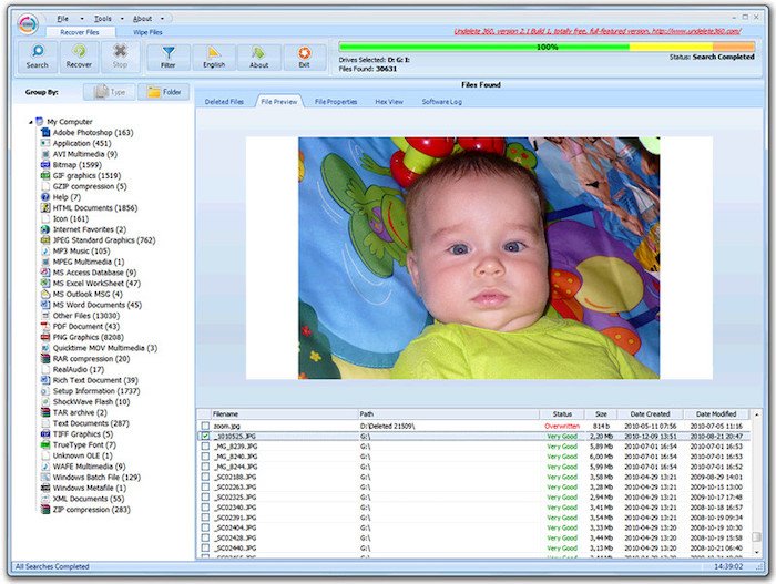 Screenshot of Undelete 360, a free photo recovery software's interface