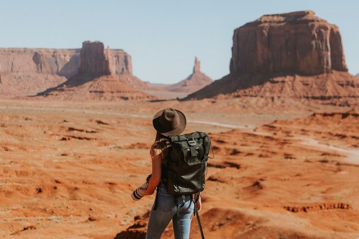 沙漠中的旅行摄影师，手里拿着相机