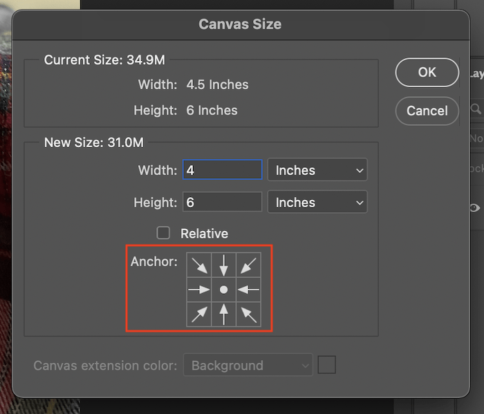 The anchor box in the canvas size panel