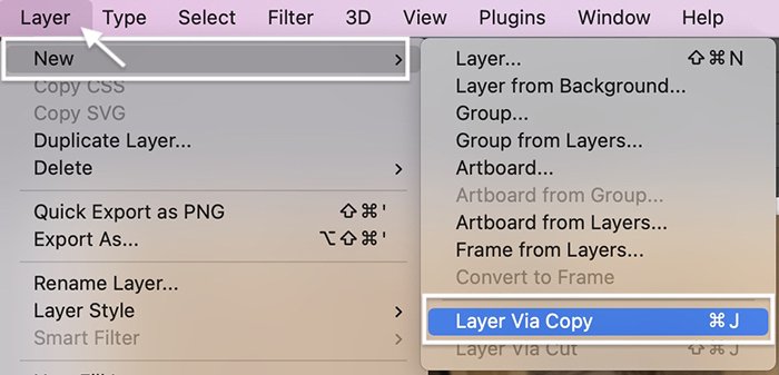 Captura de tela do Photoshop selecionando Layer via Copy