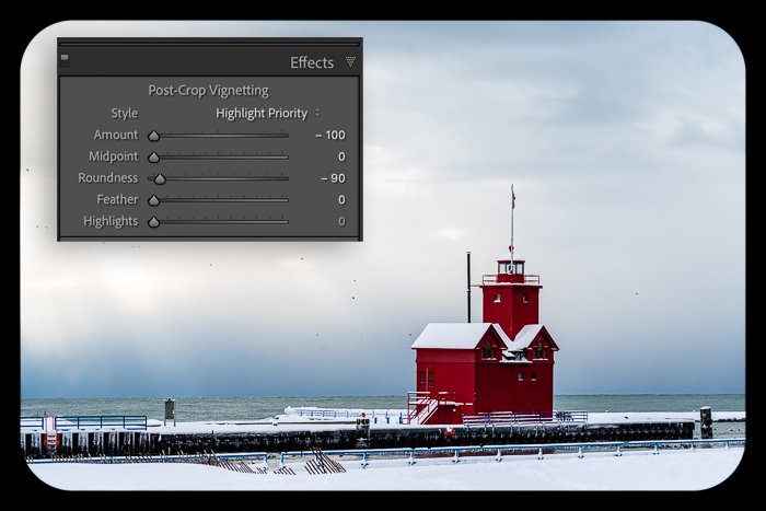 Lightroom screenshot of lighthouse in winter with black frame and vignette preset