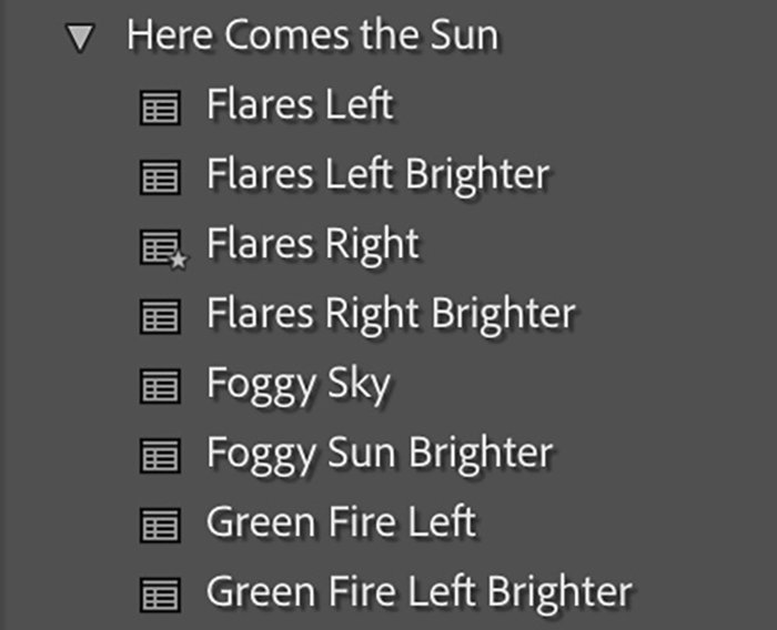 Lightroom classic screenshot of preset list
