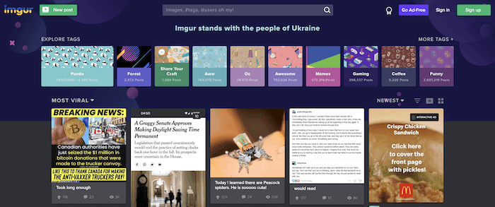 Página inicial do Imgur, um site de hospedagem de imagens alternativo ao imgbb