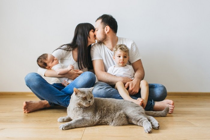 Family sitting on floor with cat as a newborn photo idea