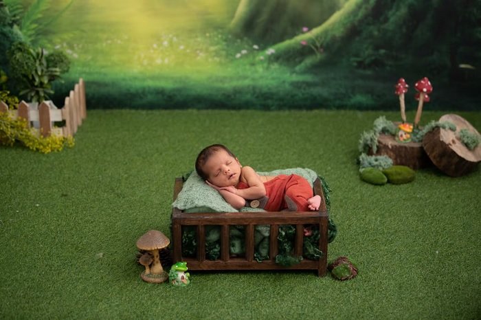 Newborn baby in miniature woodland scene as an example of newborn photo ideas