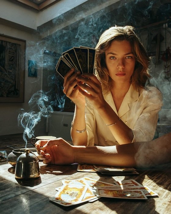 Model holding cards in a smoky room