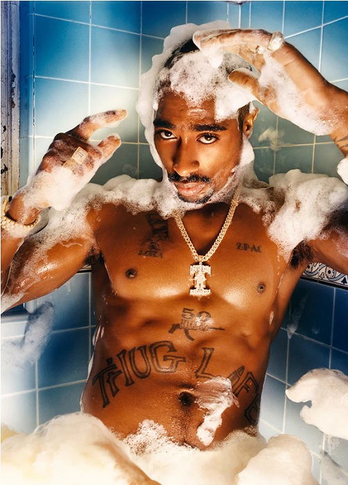 portrait of Tupac having a bubble bath