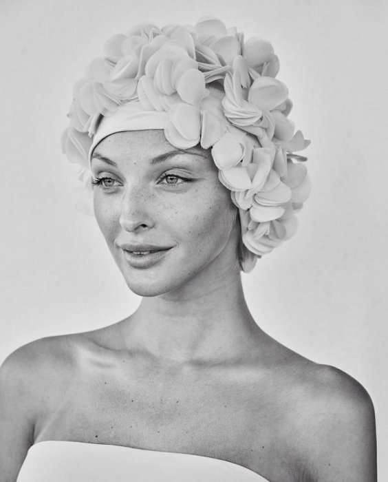 portrait of a woman in floral swimming cap