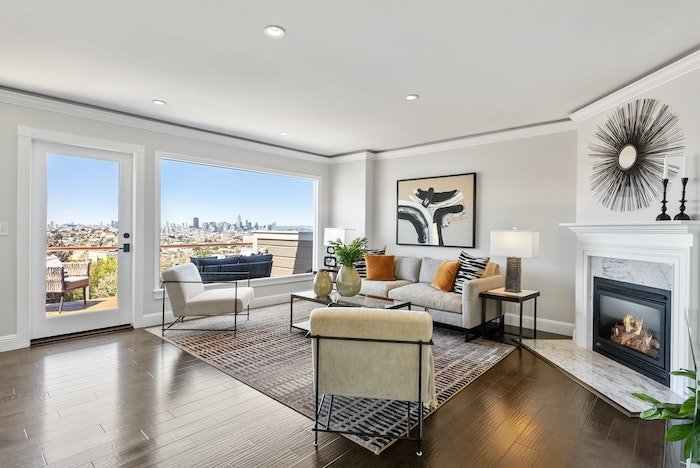 an example of interior real estate photography with nice view of city