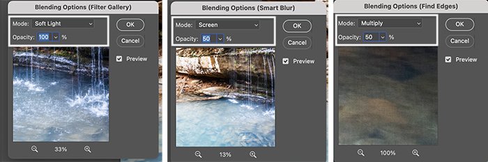 Captura de tela do Photoshop de modos de mesclagem para filtros inteligentes