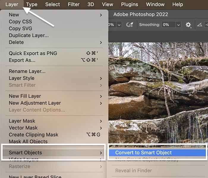Photoshop screenshot converting layer to a smart object