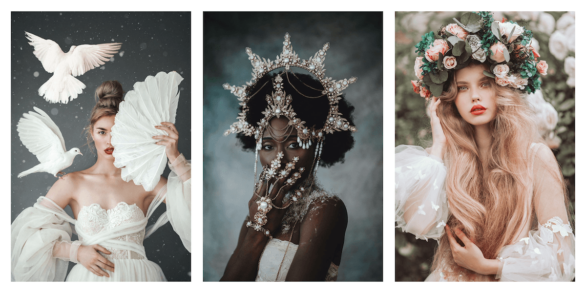 Three aesthetic portraits of women with flying birds, elaborate jewellery, floral headwear, and formal dresses