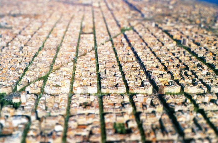 A tilt shift photography example of Barcelona from above