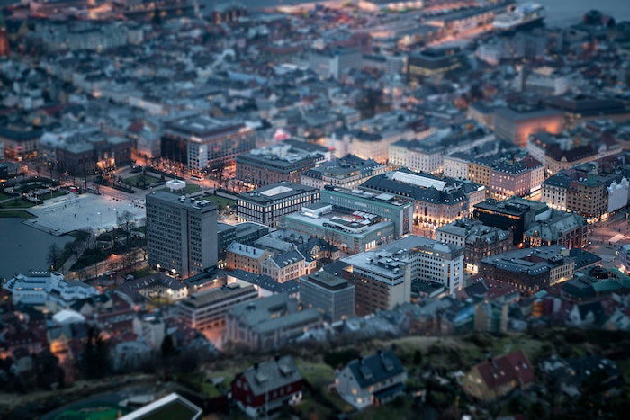 A miniature shot of a city at night