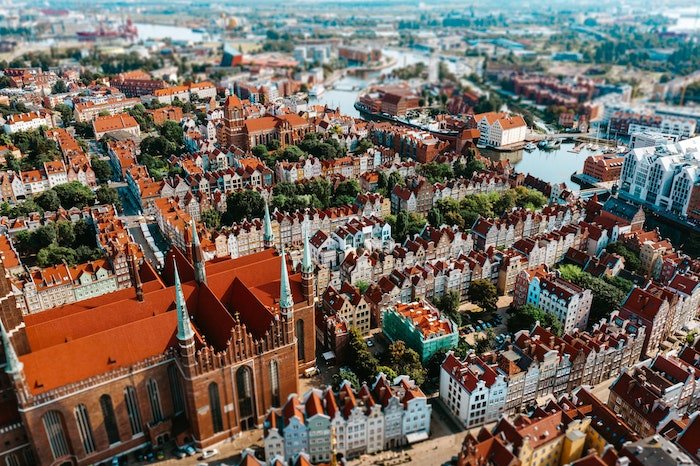 A tilt shift photography aerial view of an old city