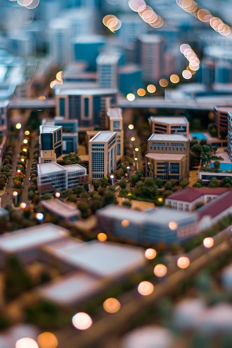 A tilt shift photography example of a model made to look like a city
