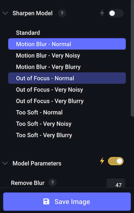 model options on topaz sharpen AI