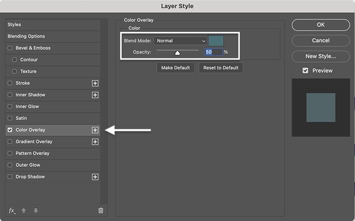 Photoshop screenshot layer style color overlay