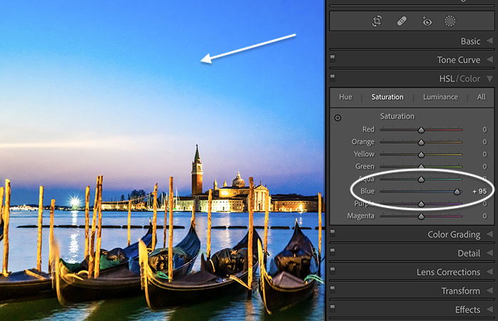 Venice lightroom screenshot of blue saturation extreme color banding