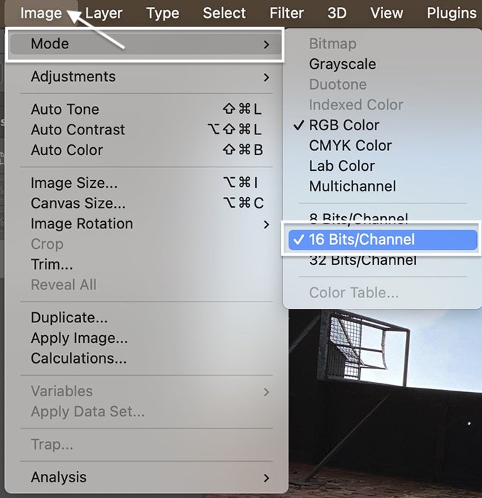 Photoshop screenshot of selecting 16-bit mode