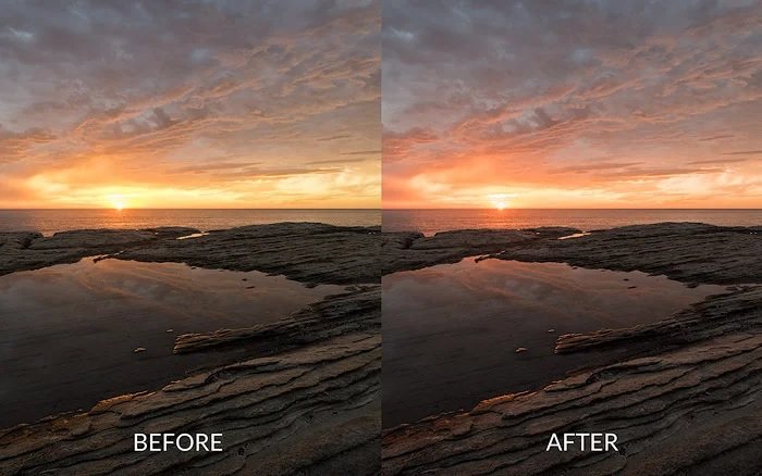 Photo of a coast scene before and after color enhance 