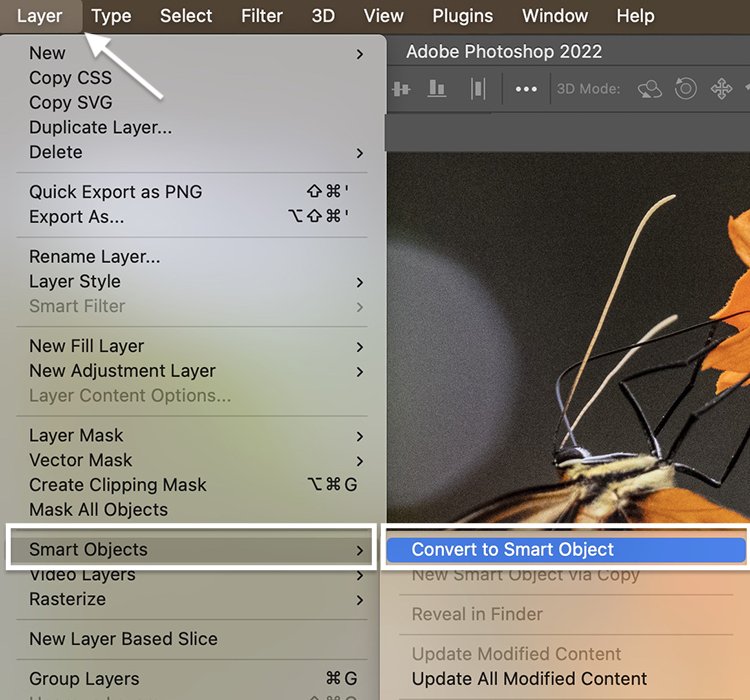 Photoshop screenshot "Converting to Smart Object" drop-down menu