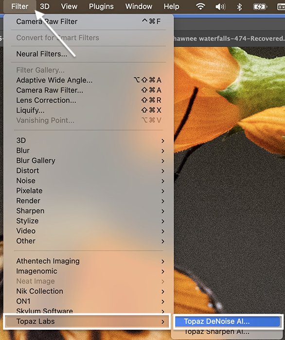 Photoshop screenshot of topaz labs denoise AI plugin in the filter menu