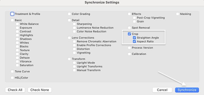 Lightroom screenshot synchronize crop