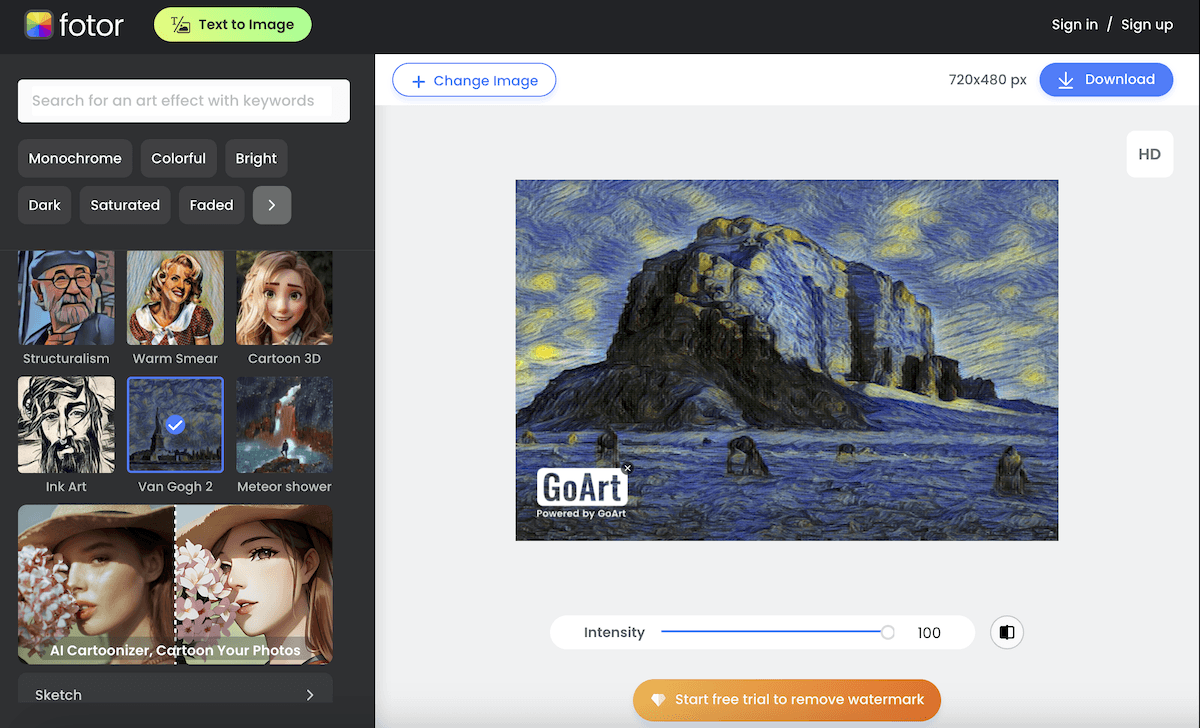 Screenshot of Fotor online editor to turn a photo into a painting
