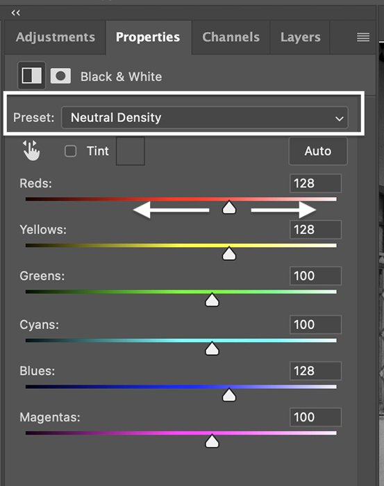 Photoshop screenshot of properties panel for black and white adjustment layer