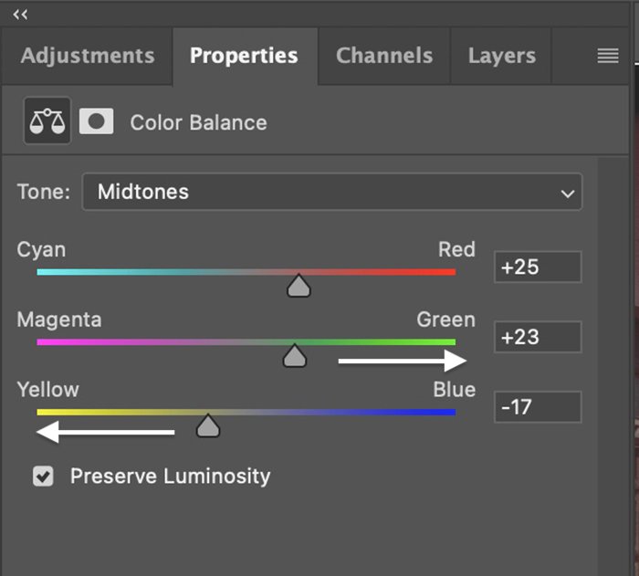 Captura de tela do Photoshop de tons de equilíbrio de cores