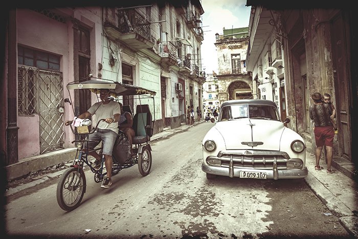 Cena de rua Cuba com moldura e vinheta vintage