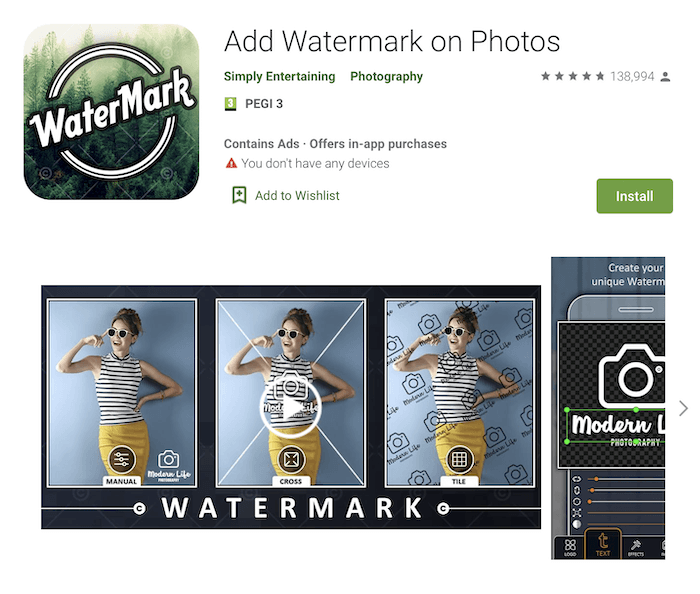 Uma captura de tela do aplicativo Adicionar marca d'água às fotos na loja Google Play do Google.