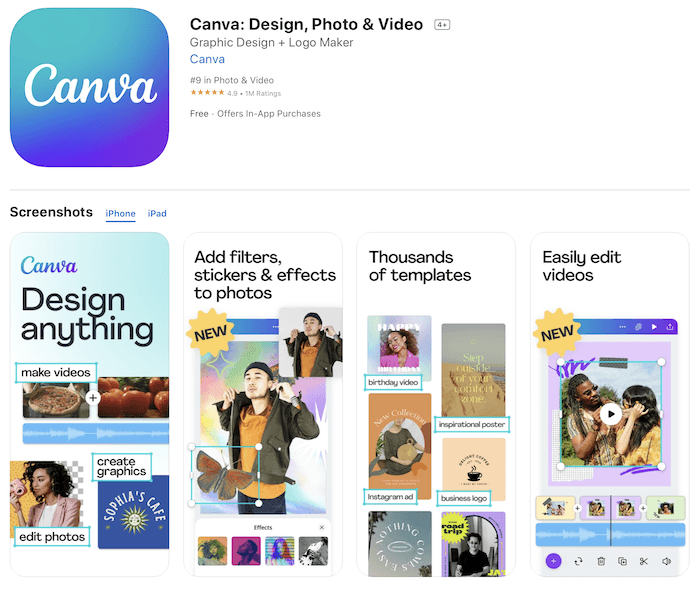 Uma captura de tela do aplicativo de marca d'água Canva na Apple App Store