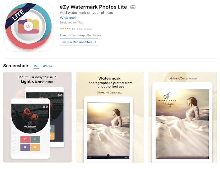 Uma captura de tela do aplicativo de marca d'água eZy Watermark Photos Lite na Apple App Store.