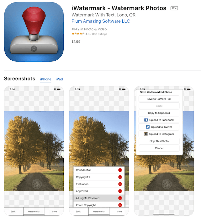 Uma captura de tela do aplicativo iwatermark na Apple App Store.
