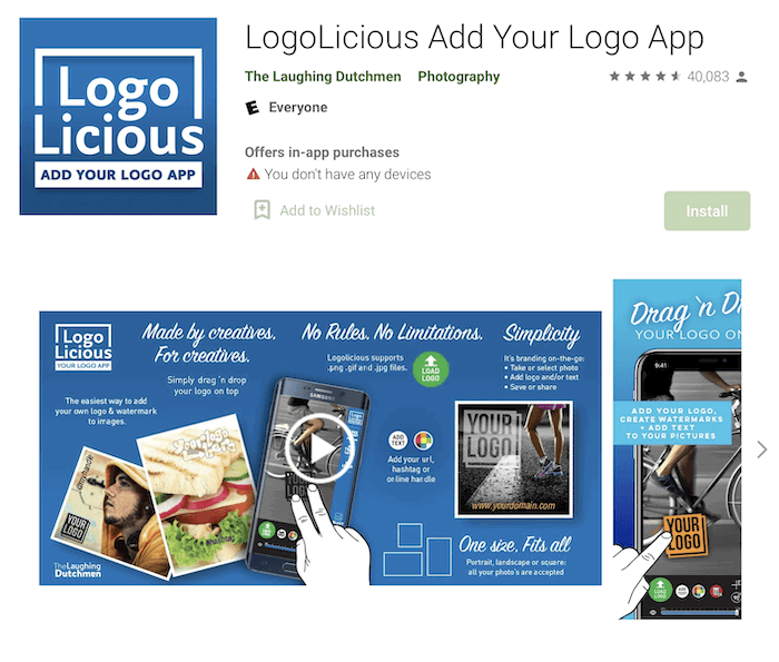 A screenshot of the Logolicious watermark app in Google's Google Play Store.