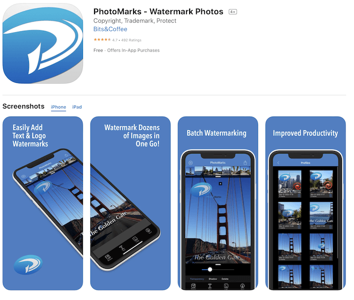 Uma captura de tela do aplicativo de marca d'água Photomarks na Apple App Store.