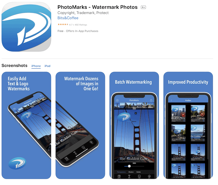 A screenshot of the Photomarks watermark app in Apple's App Store.