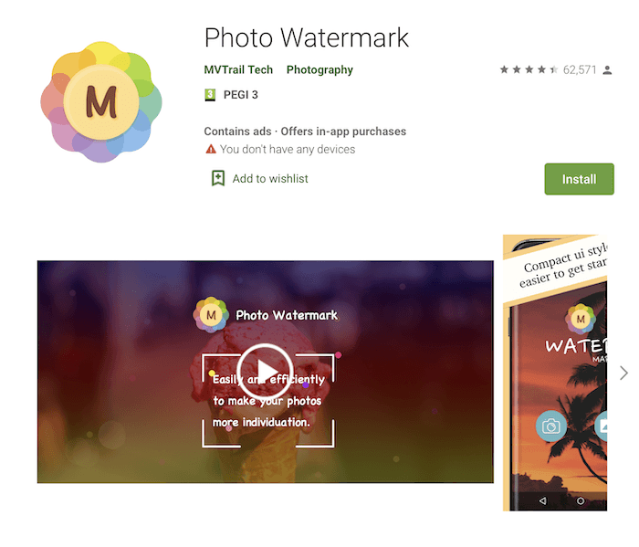 Uma captura de tela do aplicativo Photo Watermark na Google Play Store.