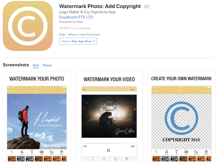 Uma captura de tela do aplicativo Watermark Photo na Apple App Store.