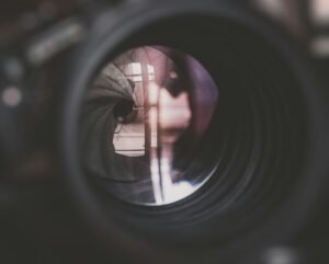 Close-up of a camera lens aperture
