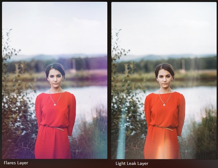 Two identical pictures of a girl in a red dress but each has a different filter