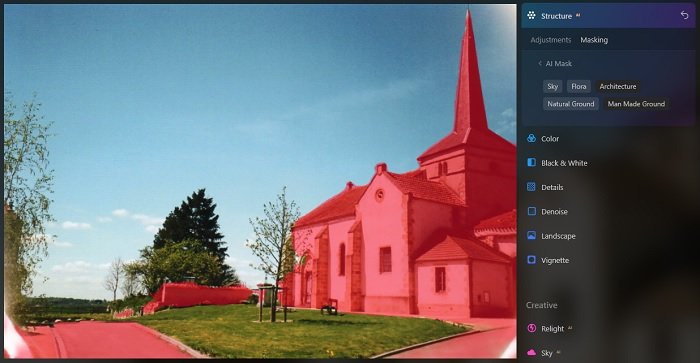Screenshot in Luminar Neo with church and road highlighted in red by the mask AI tool